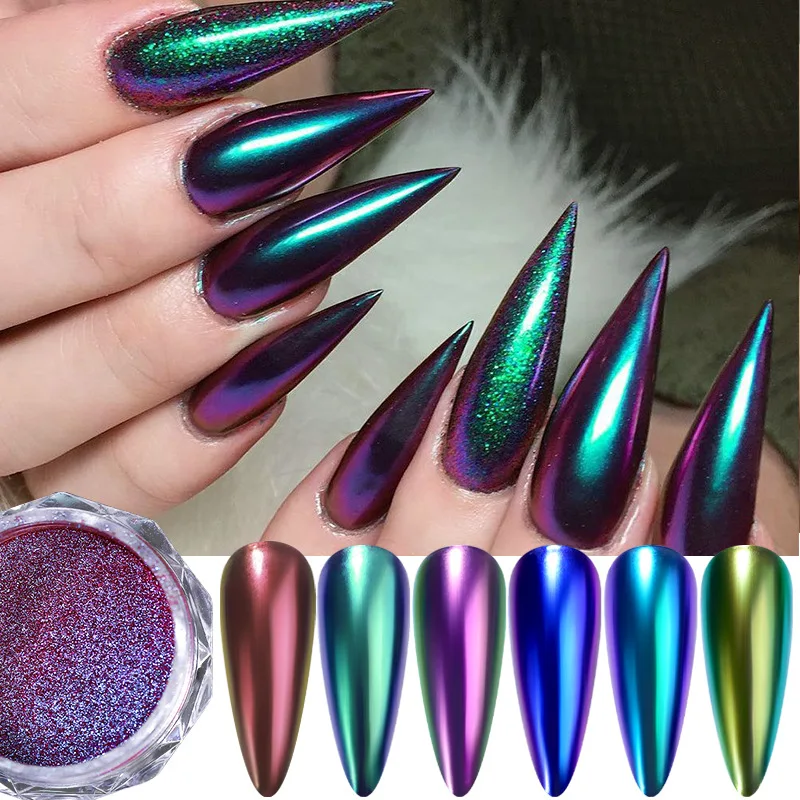 1Jar 0.5g Magic Mirror Nail Art Powder Metallic Effect Holographic Glitter Chrome Pigment Chameleon High Gloss Diamond Powder #&