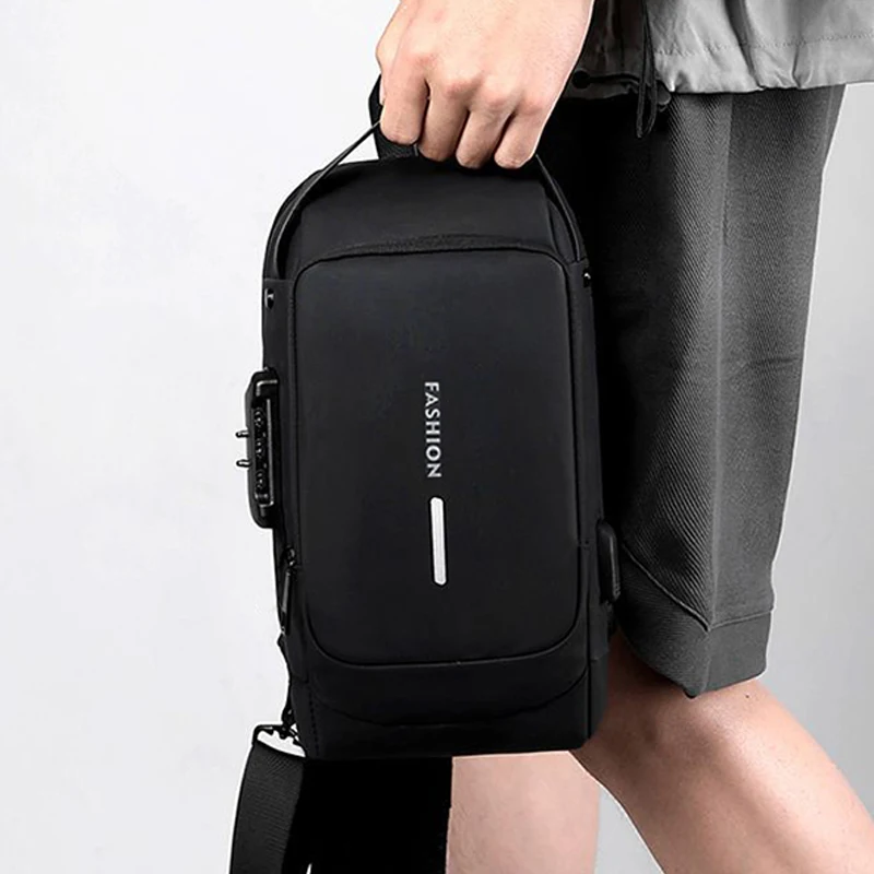 Diebstahlsichere Brusttasche für Herren mit Zahlenschloss, USB-Ladeanschluss, wasserdicht, als Umhängetasche oder Schultertasche für den täglichen Gebrauch. – Detail 10