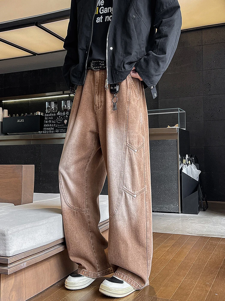 بنطال جينز مستقيم واسع الساق للرجال على الموضة الكورية بخصر مطاطي مغسول من قماش الدنيم جينز فضفاض غير رسمي للشارع #3