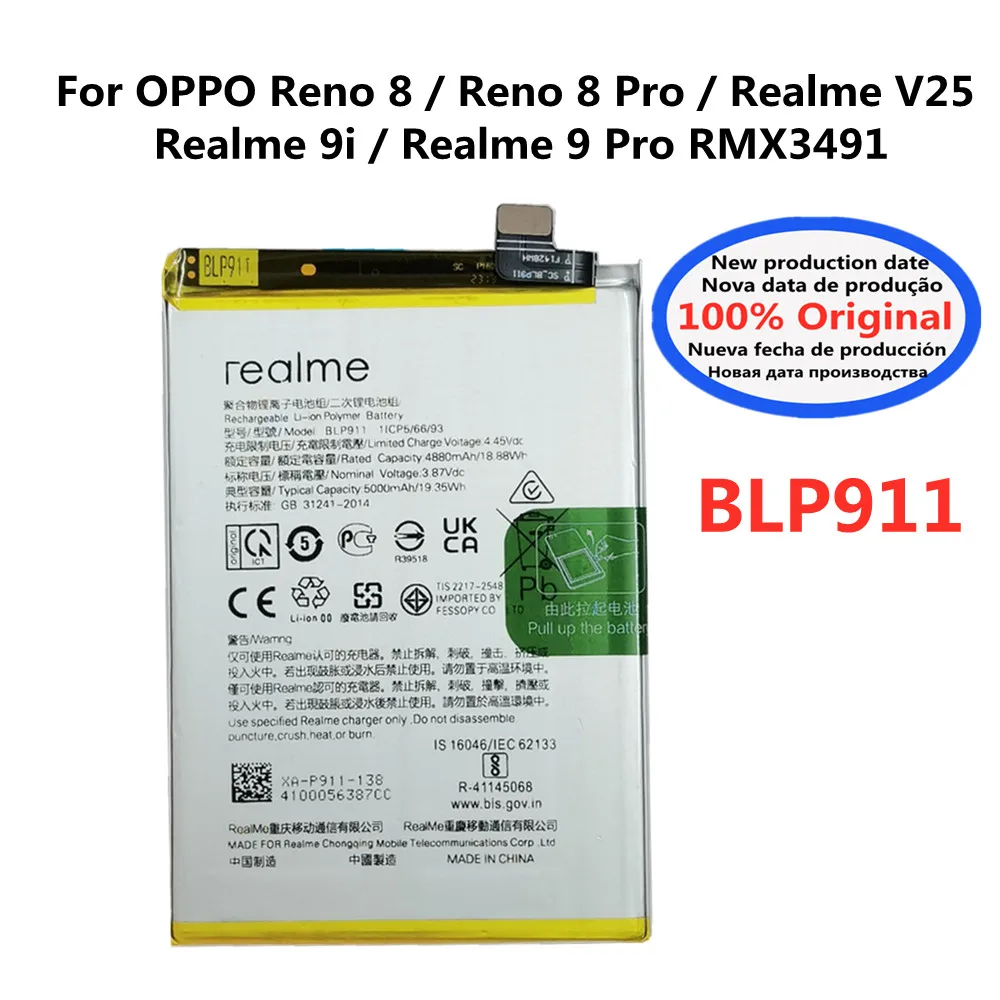 

100% Orginal New Battery 5000mAh BLP911 Battery For OPPO Realme V25 / Realme 9i Realme 9 Pro 9Pro / Reno 8 / 8 Pro Phone Battery