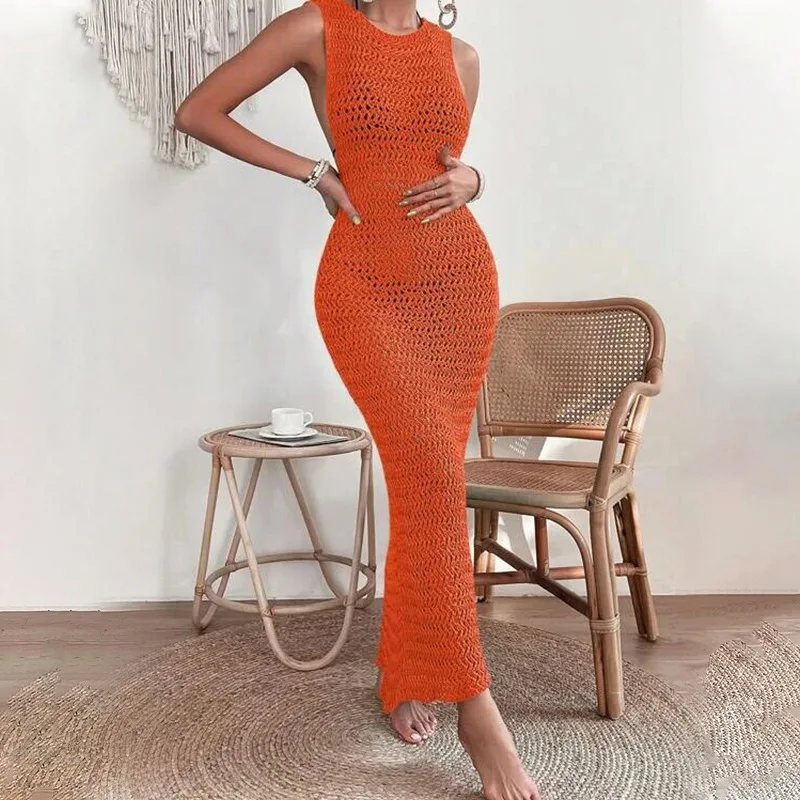 100% Handmade High Quality Slip  Bottom Maxi O Neck Hollow Out Two Colors Sheer Beach Cover Up Knitted Crochet Beach Dress