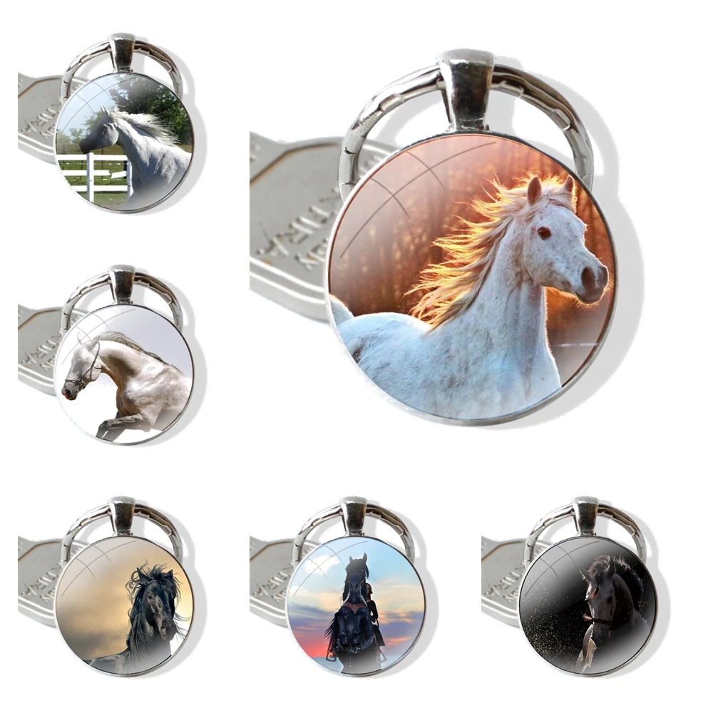 Galloping Horse 25mm Glass Cabohcon Keychain Key Rings for Women Men Jewelry Gift