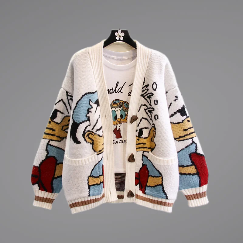 Disney Donald Duck Cute Cardigan Women Autumn Winter Long Sleeve Top Knitwear Y2k Korean Fashion Sweater Clothes