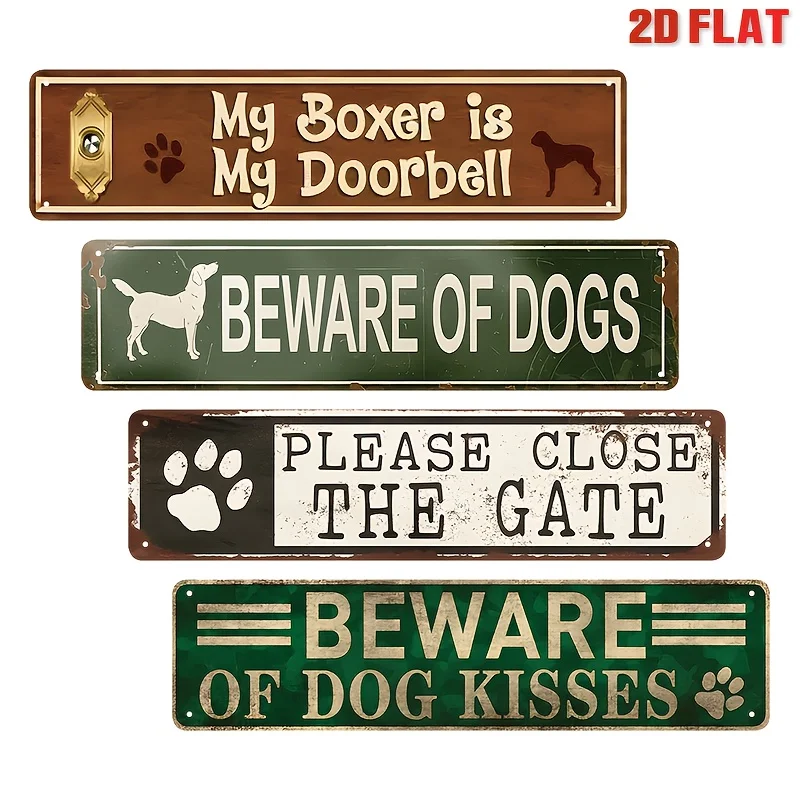 2D Flat, 4pcs Funny Dog Sign Metal Sign Tin Sign Wall Decor Metal Painting Wall Sticker Vintage Metal Tin Signs Posters 10x40cm