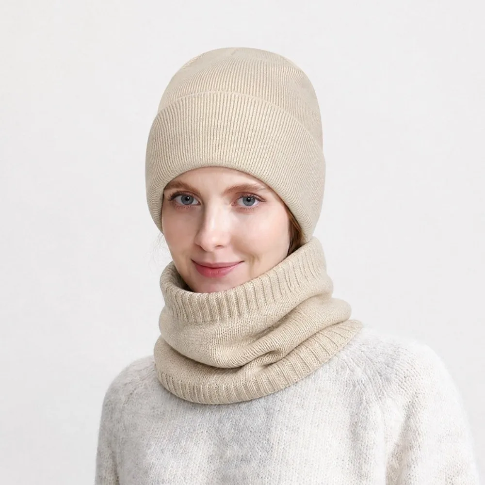 Solid Color Knitted Beanies Windproof Stretch Knitted Couple Hat Scarf Set Crochet Design Ear Protection
