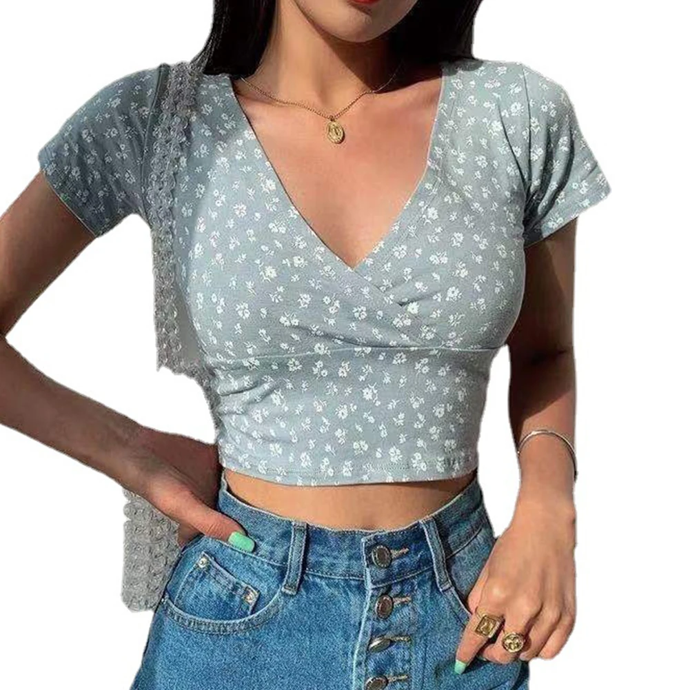 Elastic Fit Top Floral Crop Top Casual Occasions Grayish Blue Brand New Condition Casual Street Style Fitted Style