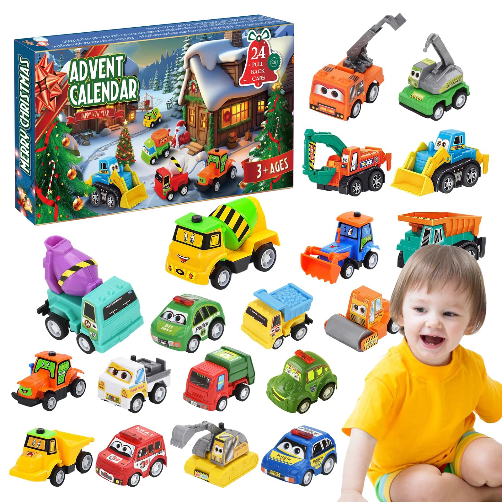 2025 Kerst Countdown Kalender 24 Dagen Trek Auto Speelgoed Adventskalender voor Kinderen Peuters Kerstcadeaus Voertuig Model Speelgoed