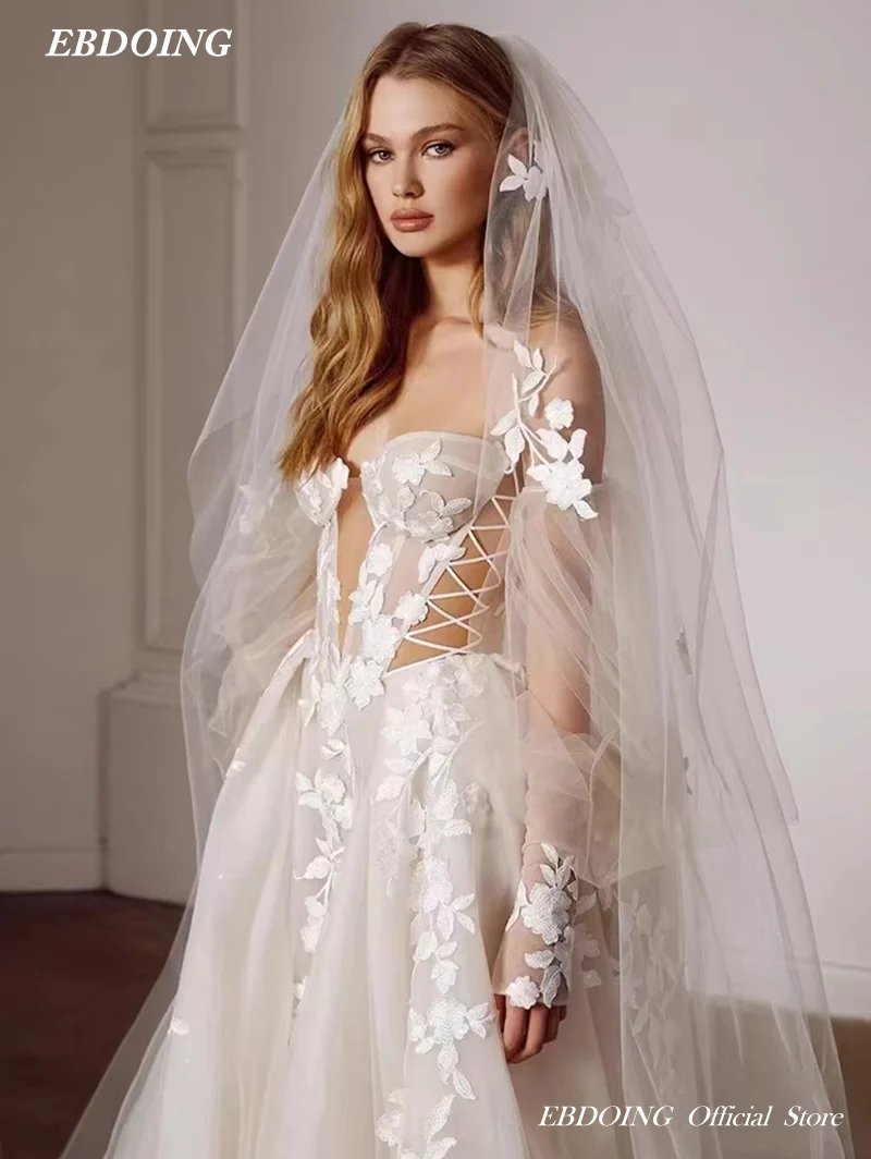 Vestido De novia acampanado sin tirantes con mangas hinchadas, hombros descubiertos, apliques De encaje, hecho a medida, tallas grandes