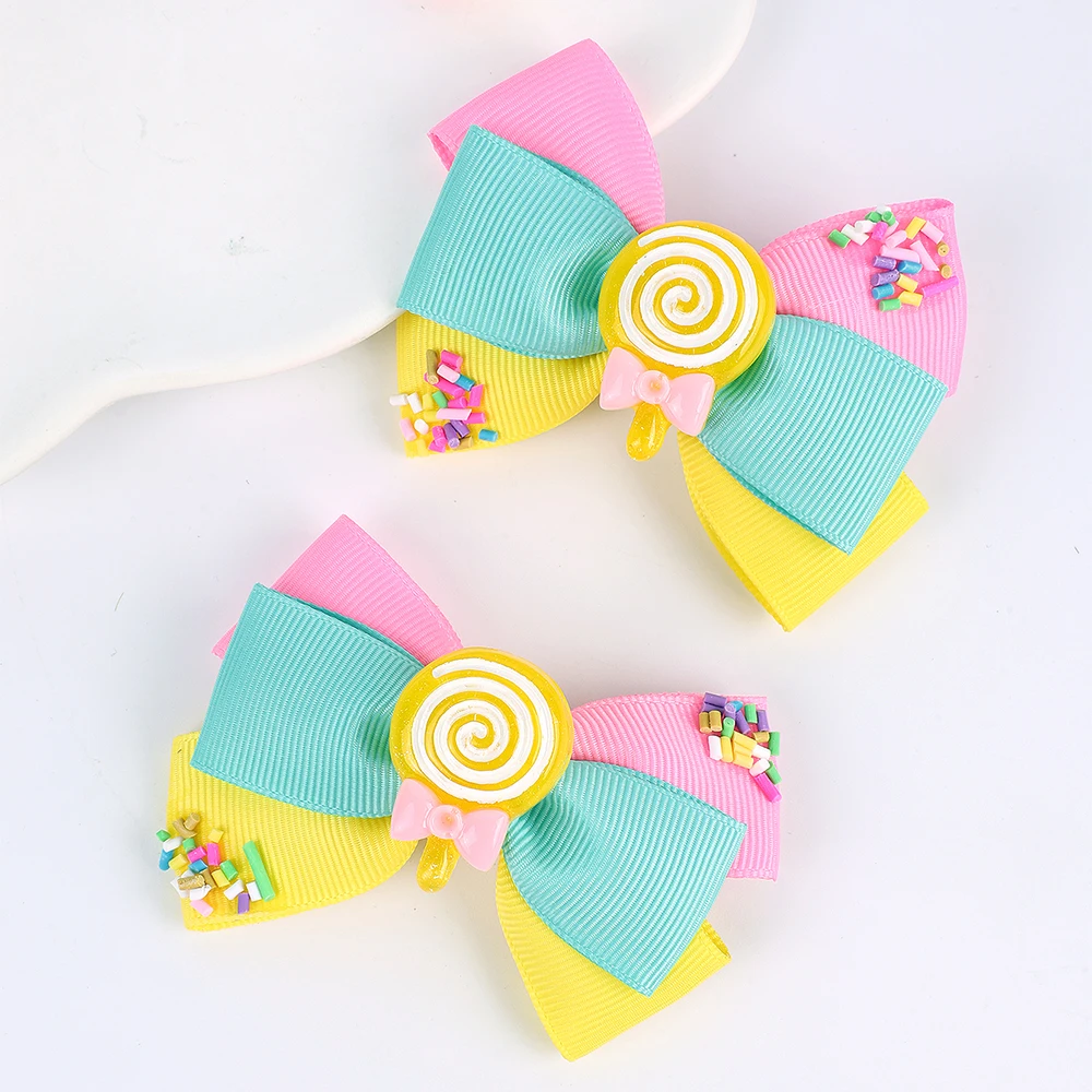 ncmama 2/1Pcs New Lollipop Hair Bow Clips Cute Candy Hairpin for Toddler Solid Ribbon Bowknote Barrettes Girls Hair Accessories