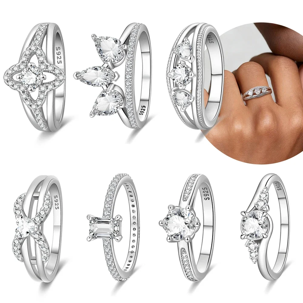 Marquise Round Baguette CZ Four Leaf Hollow Split Shank Solitaire Ring Original Silver Plated Valentine' Fine Gift Women Jewelry