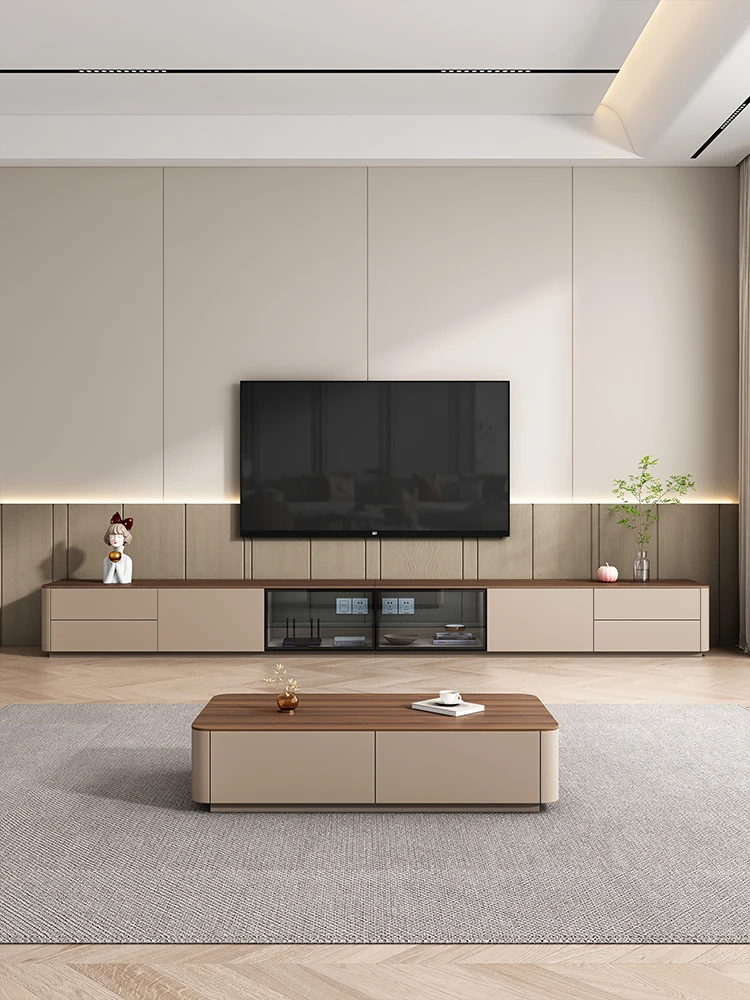 Floor TV cabinet Living room household solid wood coffee table combination Modern simple rounded corner floor cabinet High-end T