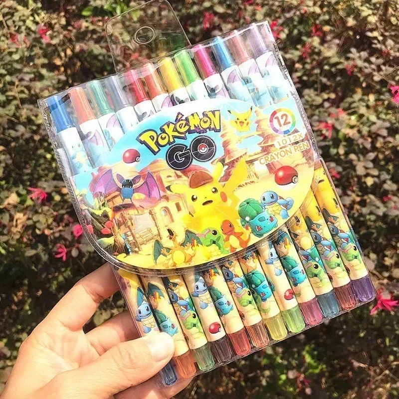 12pcs Pokemon Water Color Pen Stationery Rotating Crayon 12 Colors Student Painting Pen Pikachu School Kids Birthday Gifts