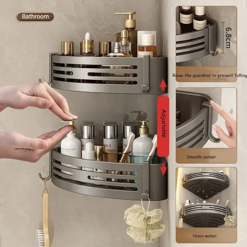 Wall Mounted Bathroom Shelves Shelf Rack Shampoo Makeup Storage Holder Kitchen Organizer Storage Bathroom Accessories With Hooks