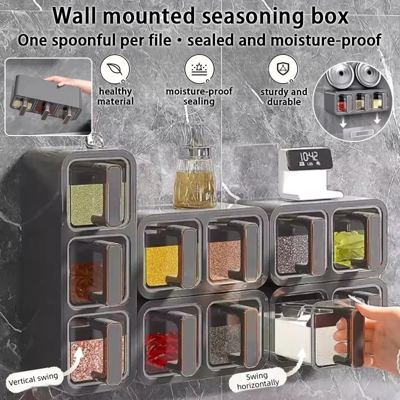 Non Perforated Kitchen Seasoning Storage Box with Spoon, Wall Mounted Sealed Moisture-Proof Transparent Seasoning Container Set