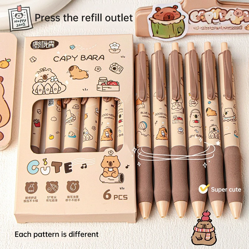 

6Pcs/Lot Cute Capybara Press Neutral Pen Kawaii Cartoon Retractable Quick Drying Gel Pen School Student Black tationeryWriting S