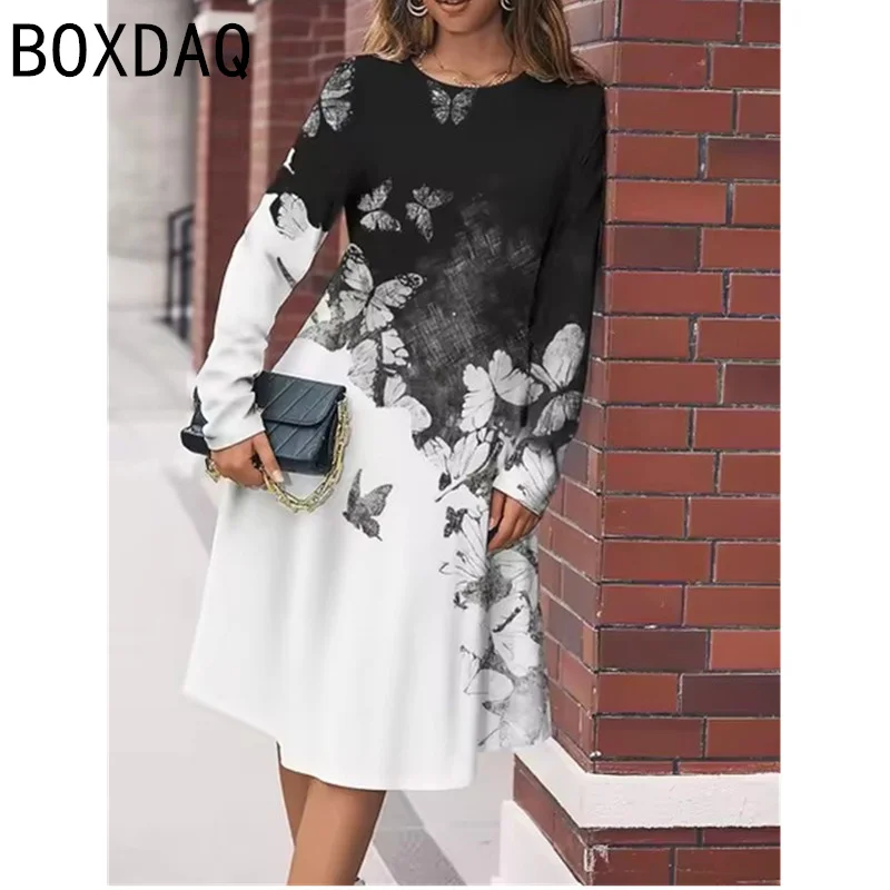 Autumn Vintage 3D Butterfly Print Women A-Line Dress Casual Long Sleeve O-Neck Mini Dress Fashion Streetwear Outdoor Daily Dress