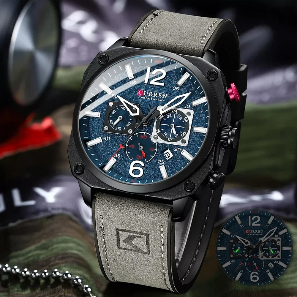 CURREN 8398 Men's Watch Fashion Waterproof Multifunctional Chronograph Watch Leather Six Needle Calendar Luminous Quartz Watch