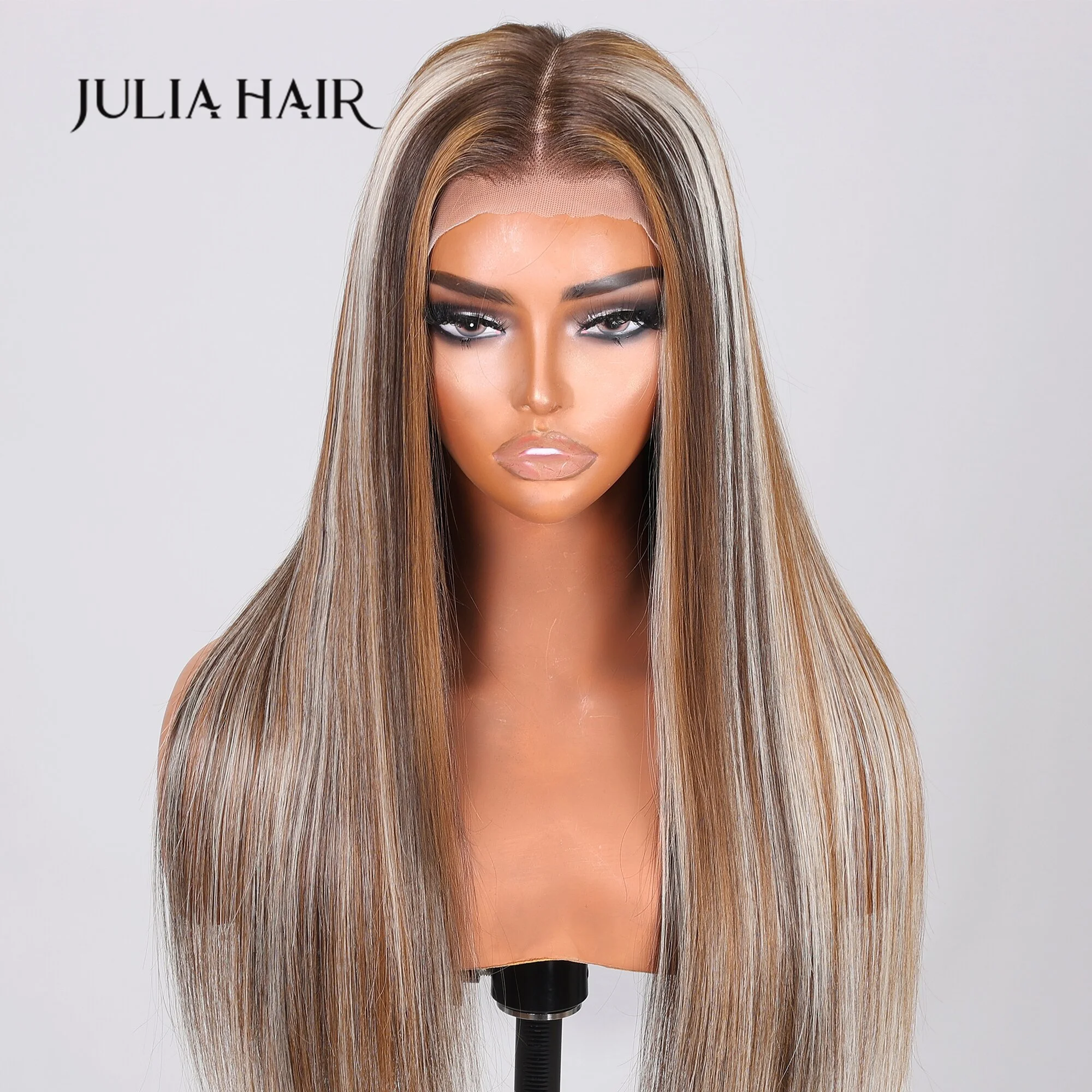 Julia Hair 13x4 Lace Front Ash Blonde With Silver Highlight Straight Wig Human Hair Pre Plucked With Baby Hair Bleach Knots