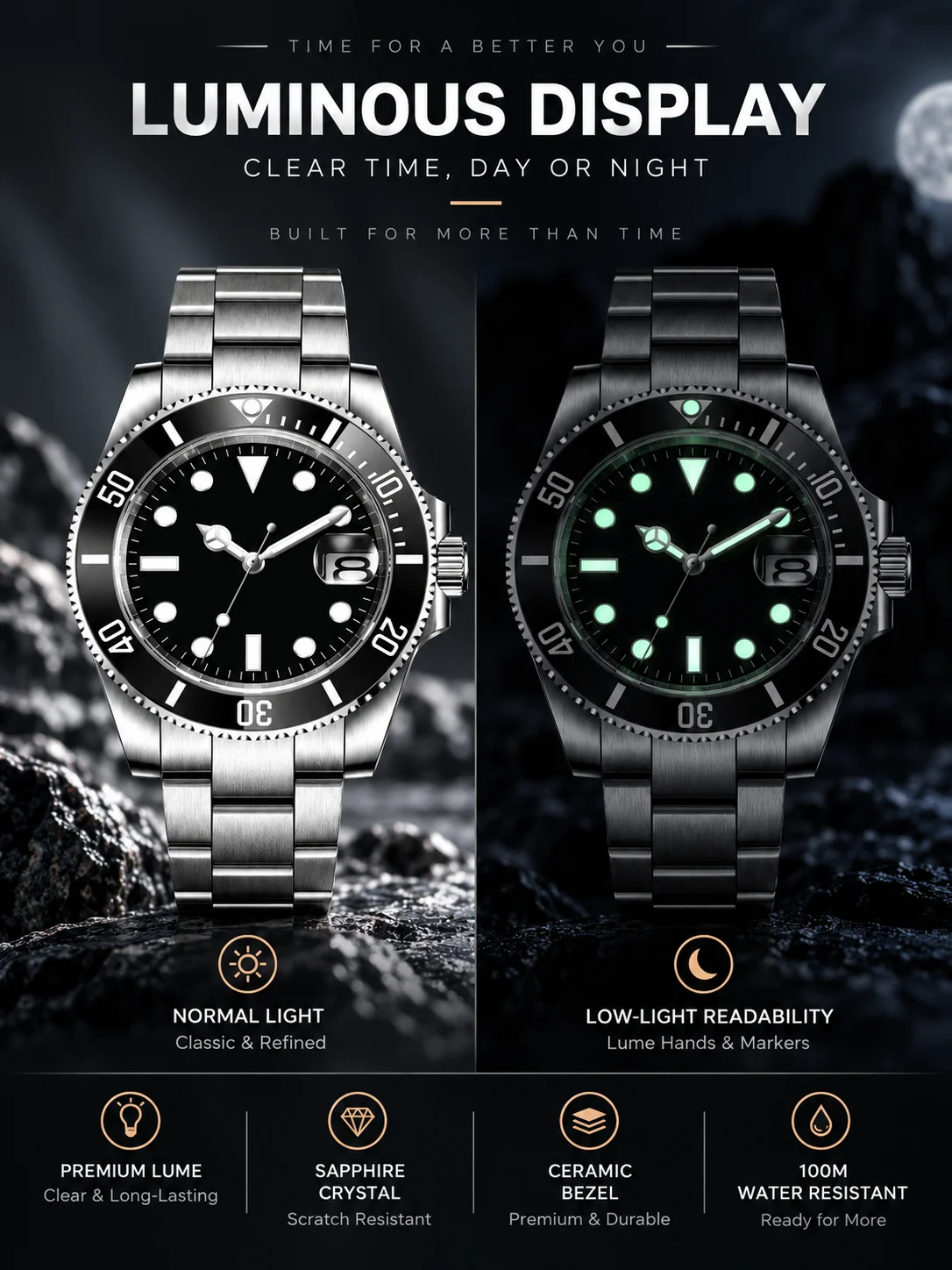 CORGEUT Custom Logo Automatic Watch Men NH35 Miyota Sapphire Crystal Ceramic Bezel 100M Waterproof Luminous Steel Wristwatch