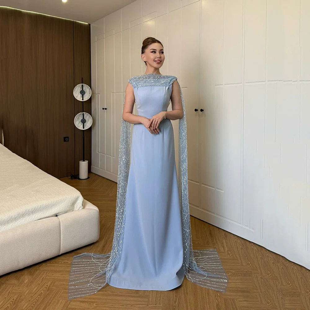 

Msikoods 2025 Blue Evening Dress Sequin Cape Design Backless Formal Dress Prom Gown Draped Beaded Long Party Dress Customized