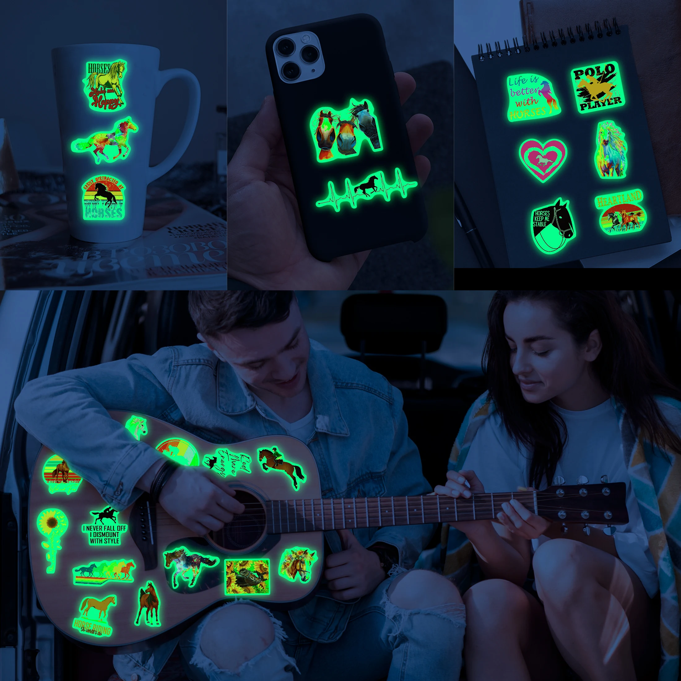 51pcs Glow in The Dark Horse Stickers,Riding Sticker Pack Horse Gifts For Water Bottles Laptops Cars Luggage Waterproof Stickers