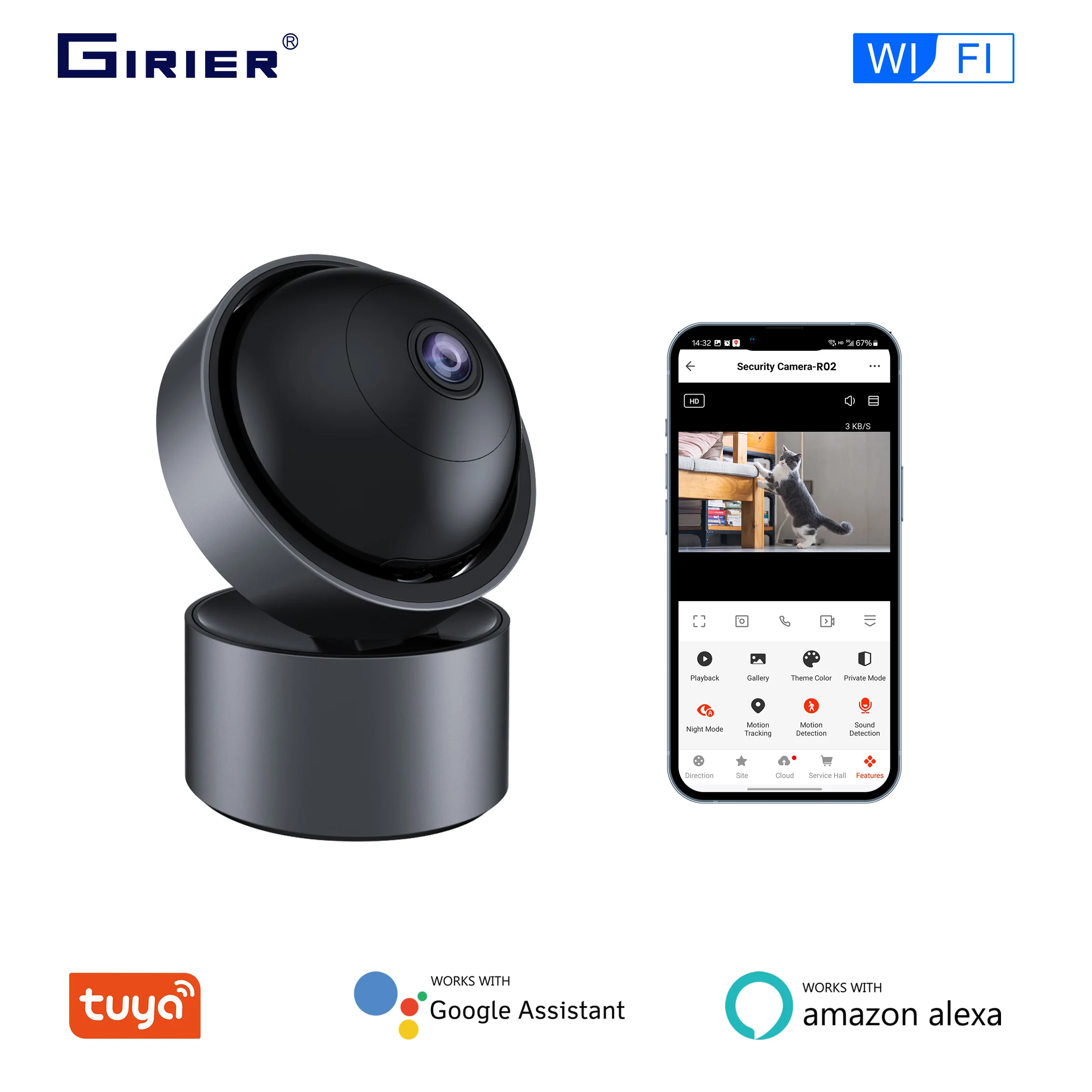 

GIRIER Tuya WiFi Smart Security Camera Indoor IP Camera 3MP for Baby Monitor Supports Night Vision 2-way Talk Works with Alexa