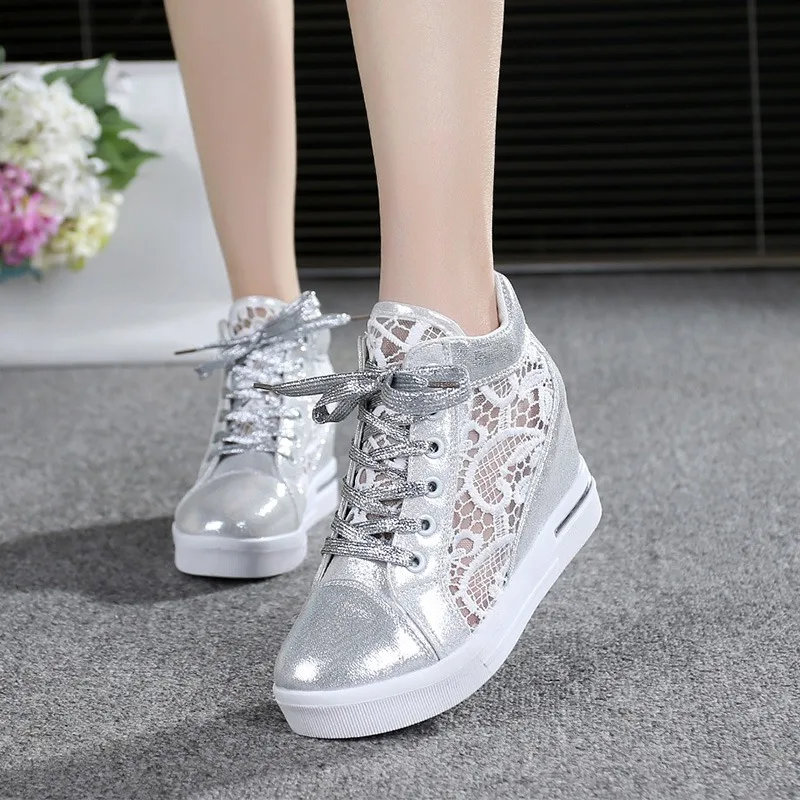 Summer Women Lace Casual Shoes Woman Breathable Mesh Sneakers Flats Lace  High Heels Platform Wedges Ladies