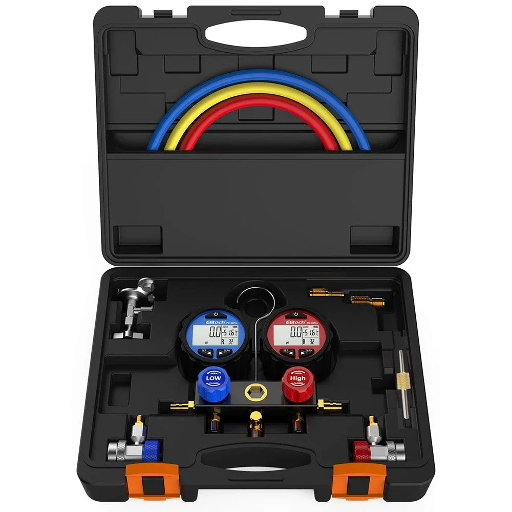 Elitech DMG-3 AC Manifold Gauge Set 2 Way Fits R134A R410A and R22 Refrigerants with Hoses Coupler Adapters+ Carrying Case