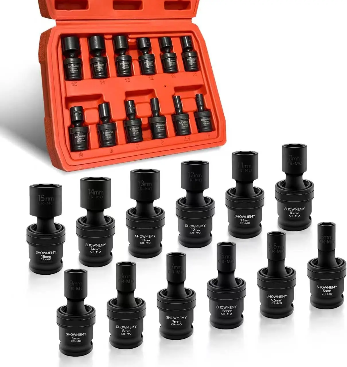 

Drive Impact Universal Joint Socket Set, 6 Points, Shallow Swivel, Cr-Mo Steel, Heavy Duty Case, Metric 1/4" 12-Piece