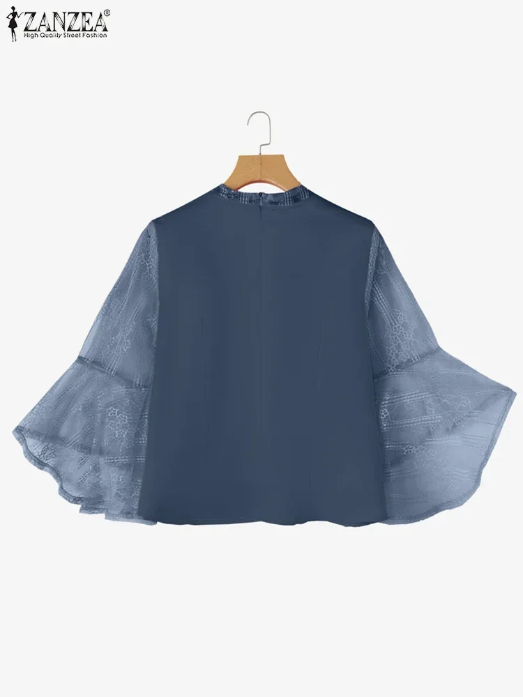 ZANZEA Elegant Office Lady เสื้อผู้หญิงเซ็กซี่ V คอเสื้อลําลองลูกไม้ 2025 Patchwork ฤดูร้อนเสื้อลําลองดูผ่าน OL Blusas