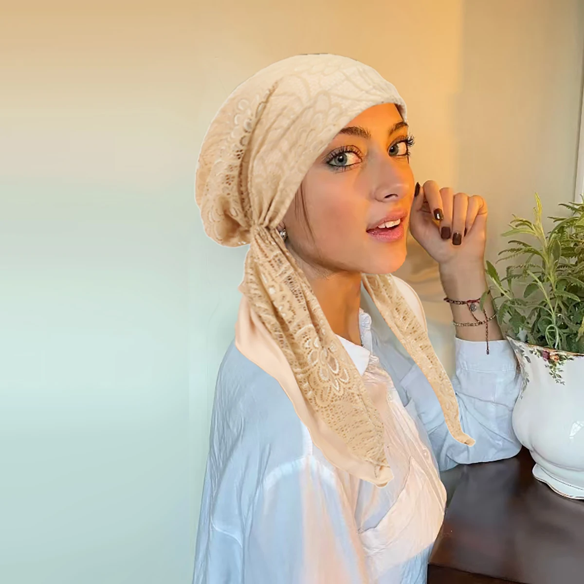 Double-Layer Laceผู้หญิงHijabนุ่มยืดหยุ่นจีบผ้าพันคอหมวกBreathableหมวกผมแฟชั่นTurban Bonnet