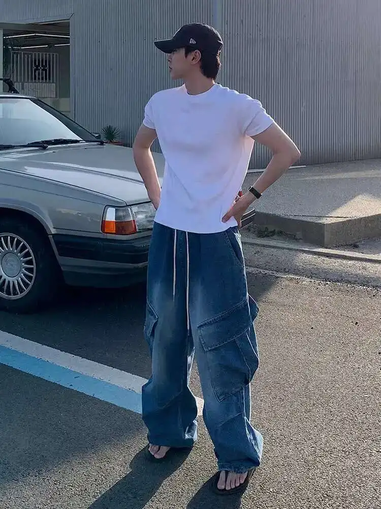 

Men's Jeans New 2025 Summer New Korean Style Vintage Washed Straight Wide Leg Chic Male Simple Cargo Denim Bottoms