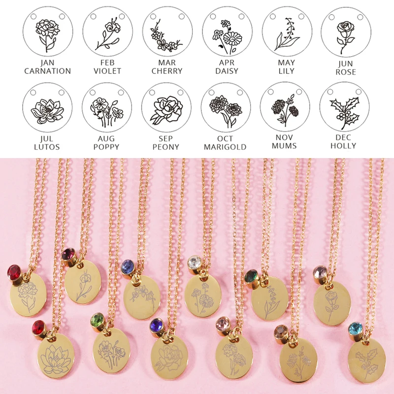 Crystal Birthstone Pendant Necklace For Women Birth Month Flower Choker Necklace Stainless Steel Chain Accesories Jewelry KBN086