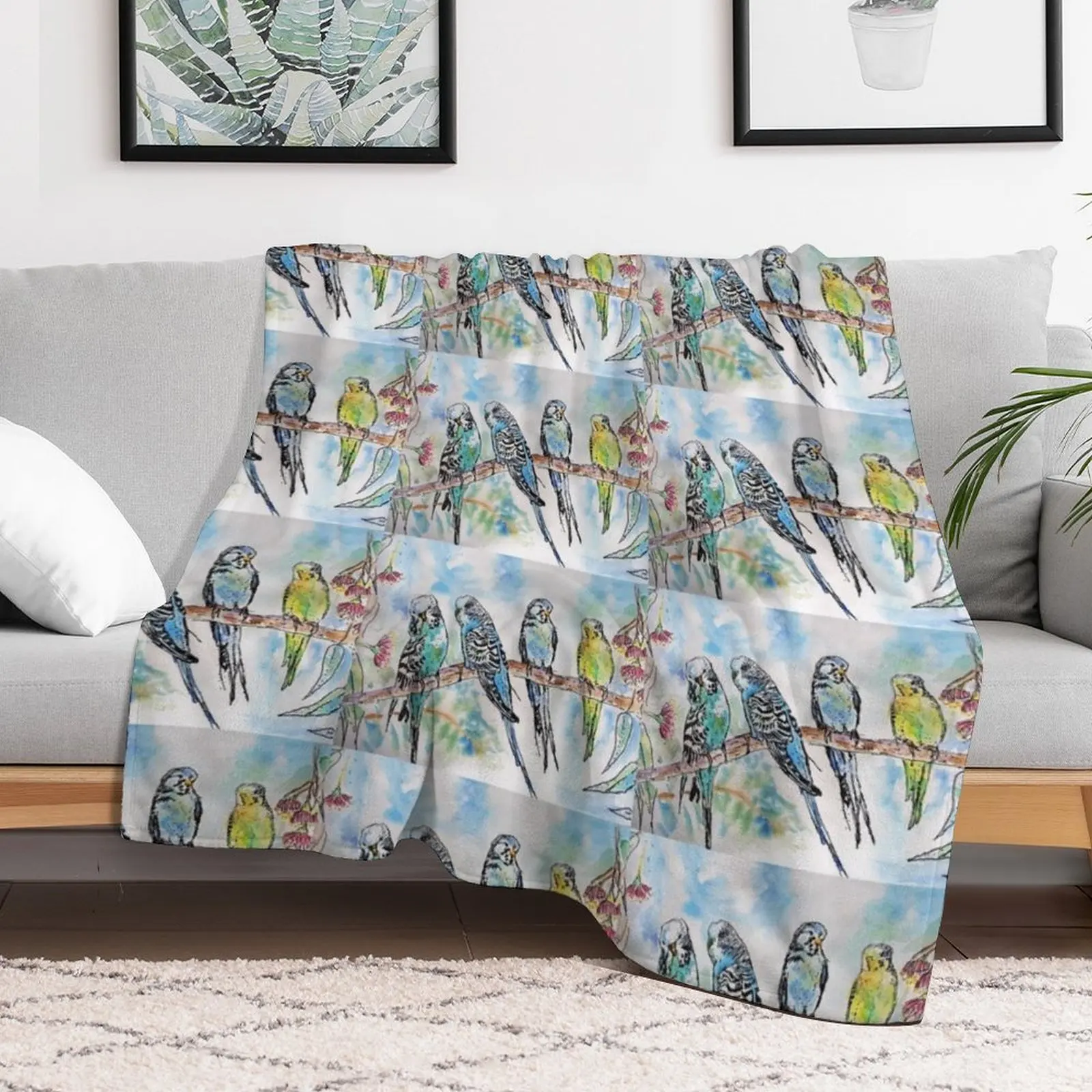 Colourful Budgies Budgerigars Sitting on A Branch Watercolor Painting Throw Blanket Decorative Sofa Hairy For Sofa Thin Blankets