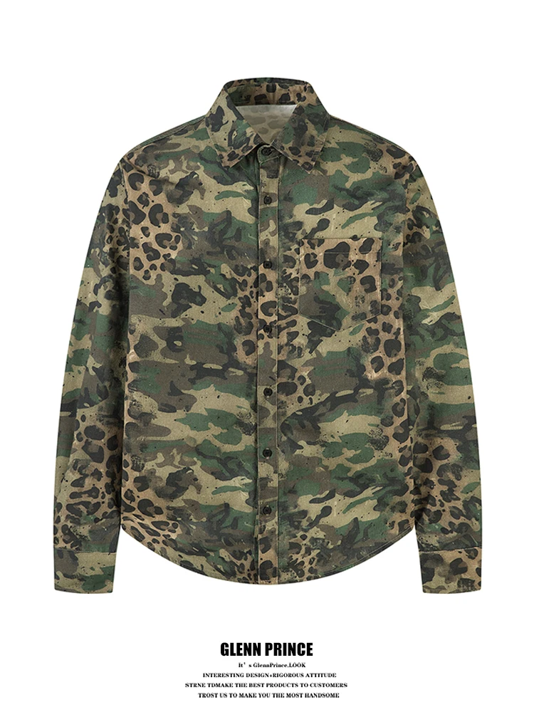 

American High Street Camouflage Long Sleeve Shirt Men's Small Design Sense Cool Workwear Jacket Leopard Print Color Block Pol...