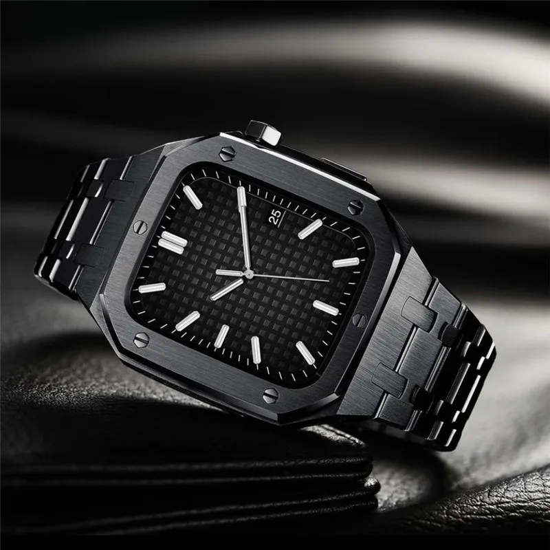 Kit de modificación de Metal de lujo para Apple Watch Series 8, 7, 45mm, 6, 5, 4, SE, 44mm, correa de acero inoxidable para iWatch, caja de bisel de reacondicionamiento