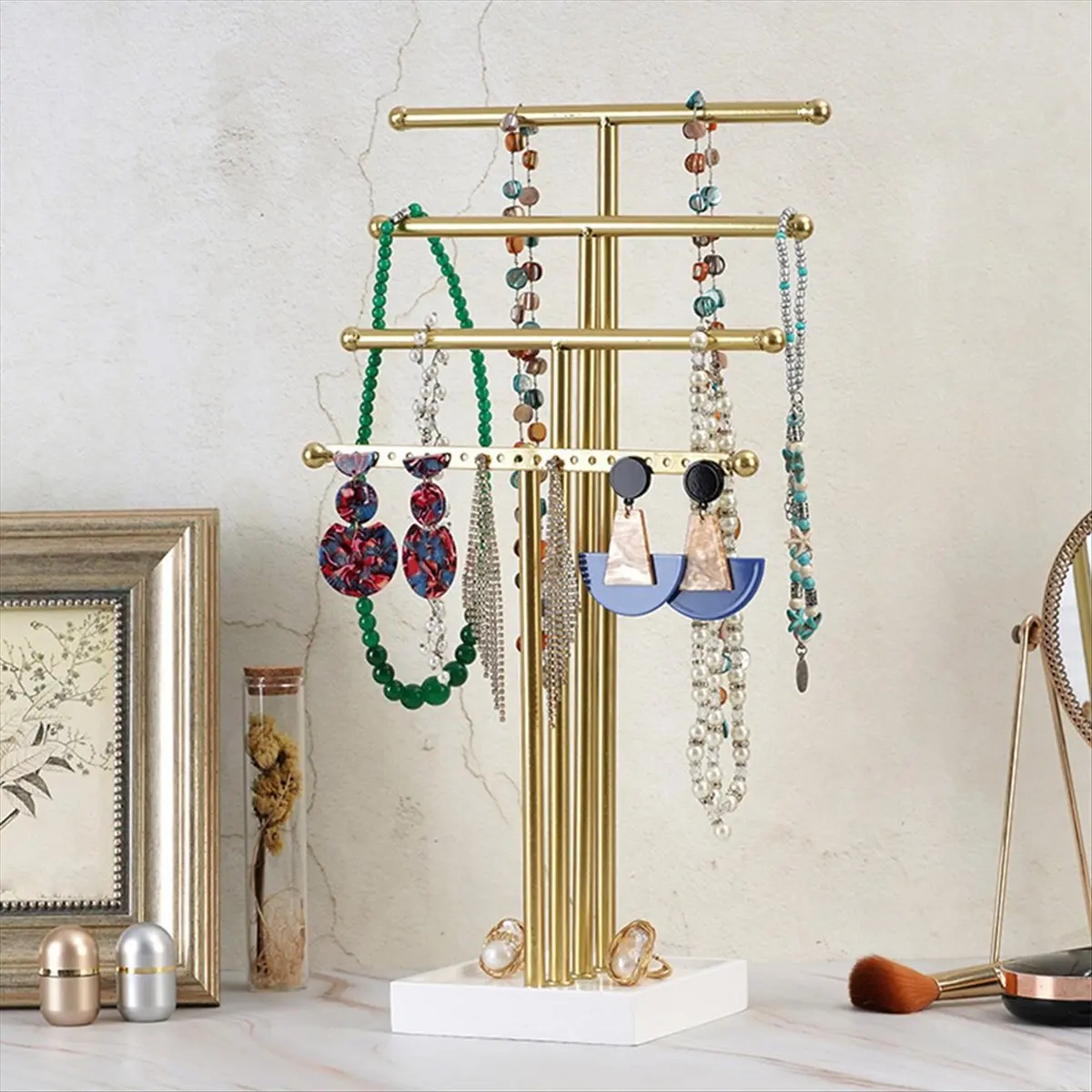 Abqr ouro 4 camadas em forma de t rack de jóias brinco rack de armazenamento de jóias rack de exibição de colar para meninas organizar