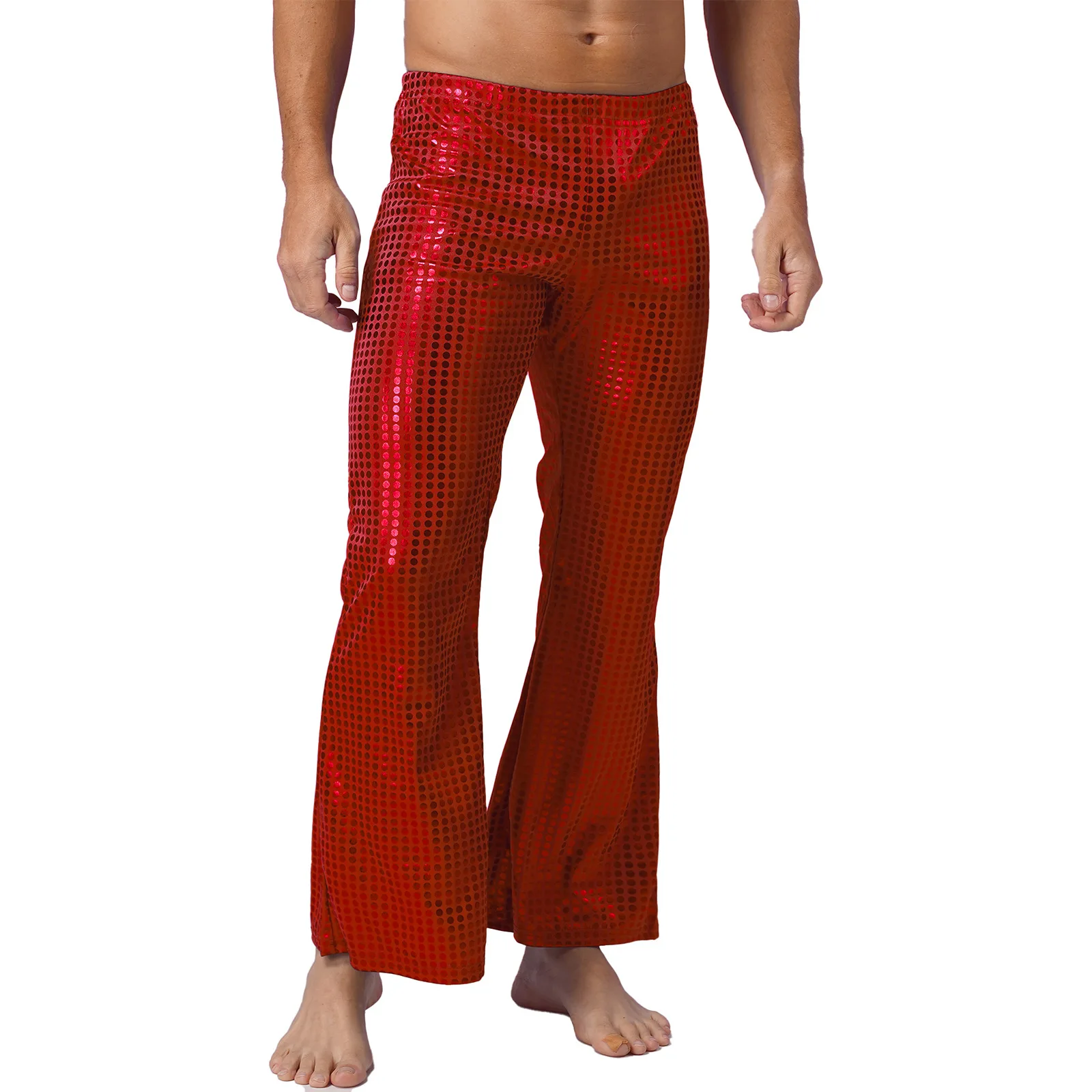 Mens 70s Shiny Sequins Hip Hop Disco Party Long Pants Costumes Dancer Singer Trousers Elastic Waistband Bell Bottom Flared Pants