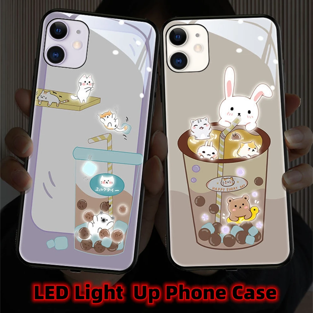 

Milk Tea Cat Rabbit Smart LED Light Glow Tempered Glass Phone Case For iPhone 16 E 15 14 13 12 11 Pro Max X XS XR Plus SE2020