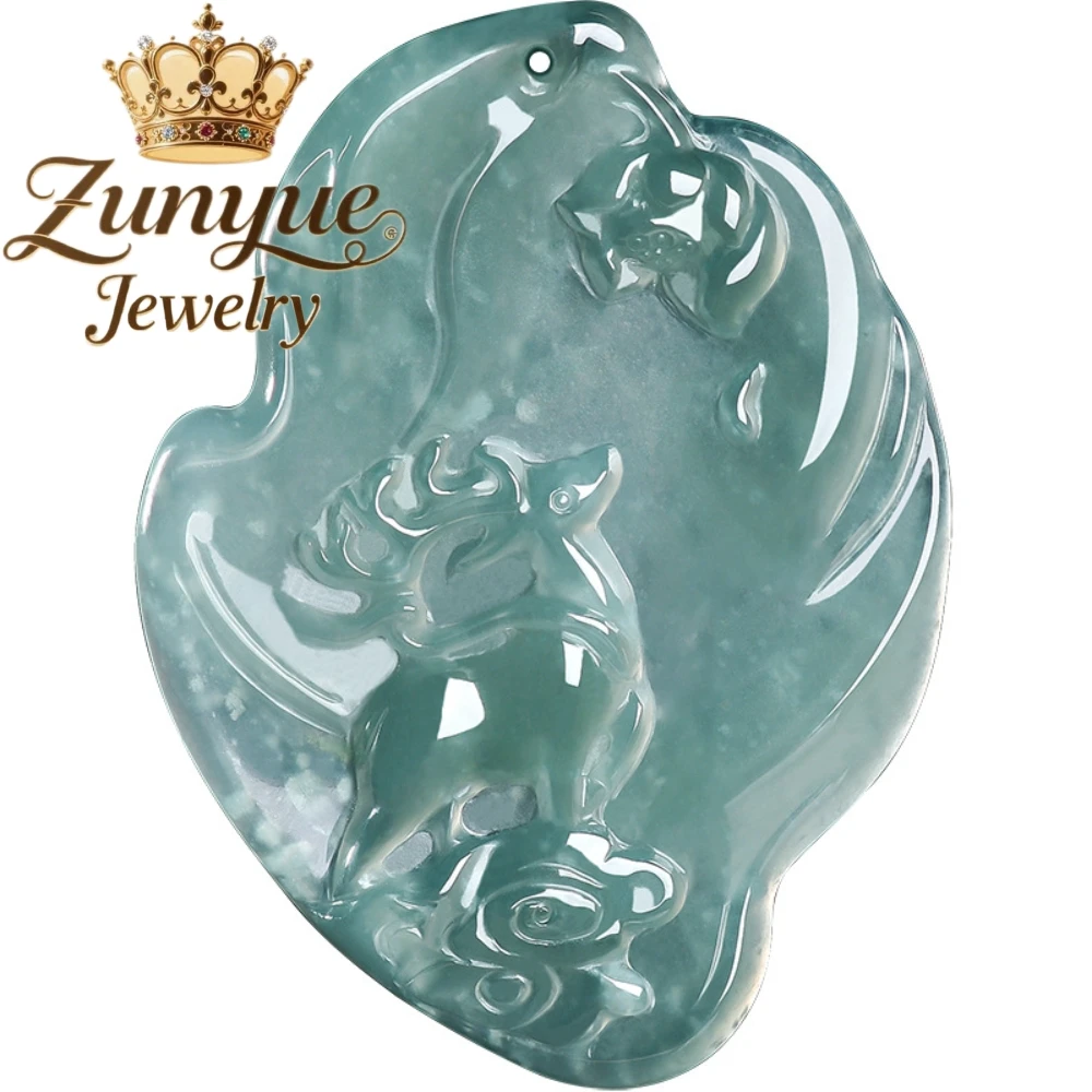High Gloss Translucent Natural Grade A Ice Blue Water Jadeite Carved Deer Pendant Elegant Unisex Decorative Stone Neck Jewelry