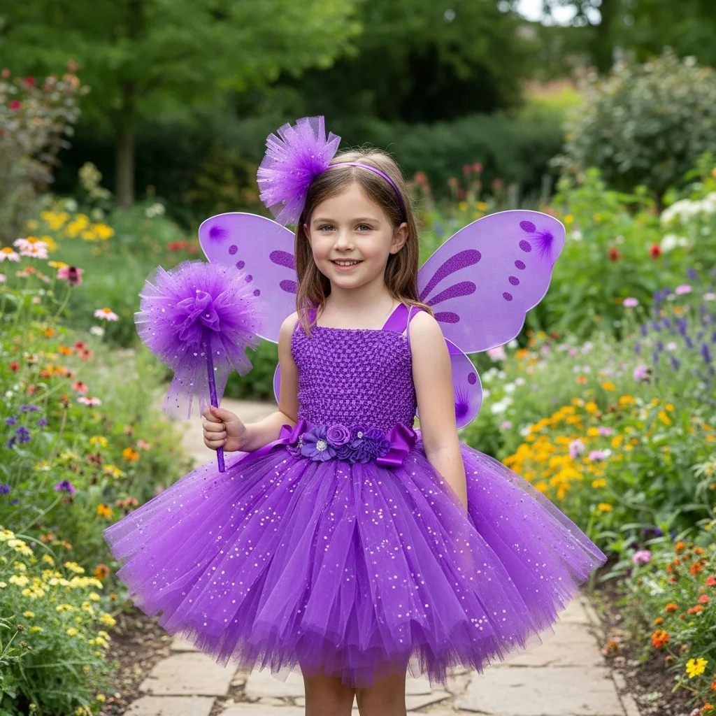Purple Fairy Tutu Dress for Girls Glitter Lined Flowers Tulle Princess Dress Kids Halloween Birthday Party Costume with Wings