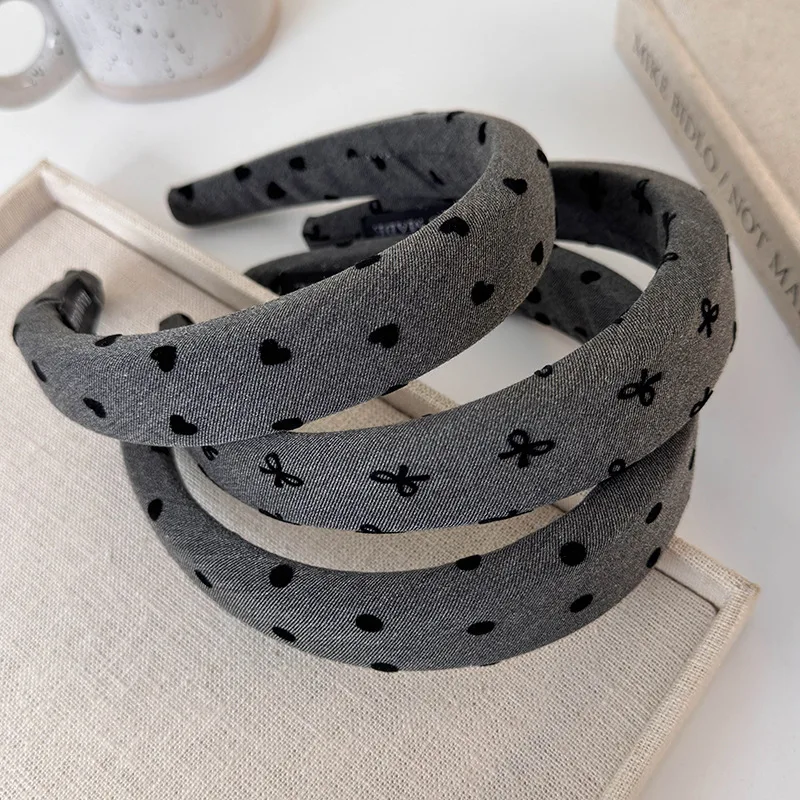 Autumn Winter Retro Black-Gray Headband Bow Heart Sponge Hair Band for Woman Girls Temperament Hair Hoop Female Hair Accessories