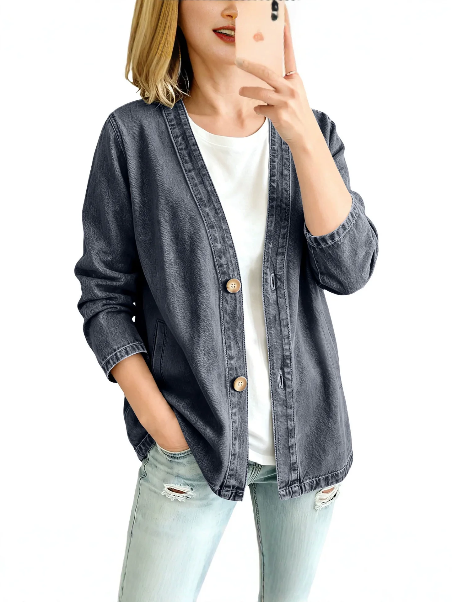 Women V Neck Denim Jacket Long Sleeve Two Button Front Casual Loose Cropped Jean Coat Side Pockets Multi Color Outerwear