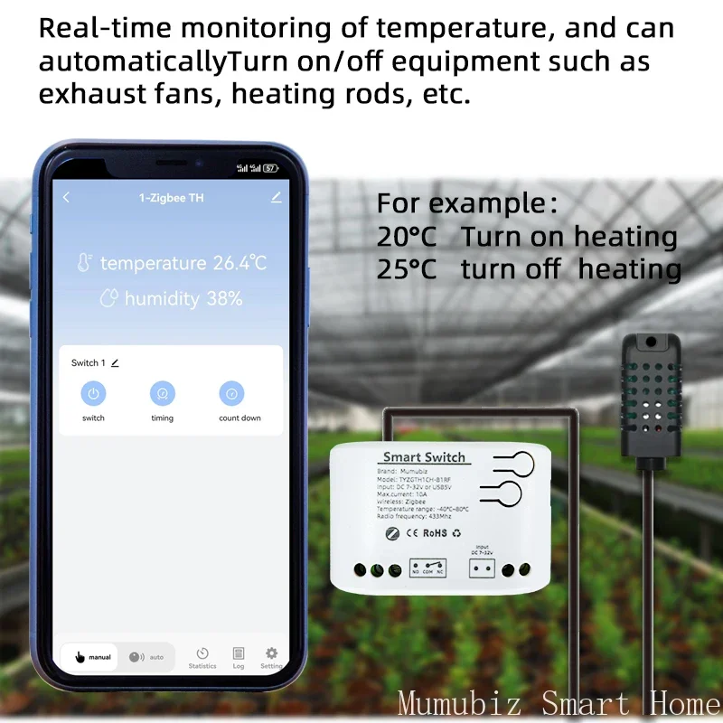 Mumubiz Zigbee 1-voudige slimme schakelaar met temperatuur-vochtigheidssensor, Tuya Smart Life APP, passief droog contactrelais Match Alexa