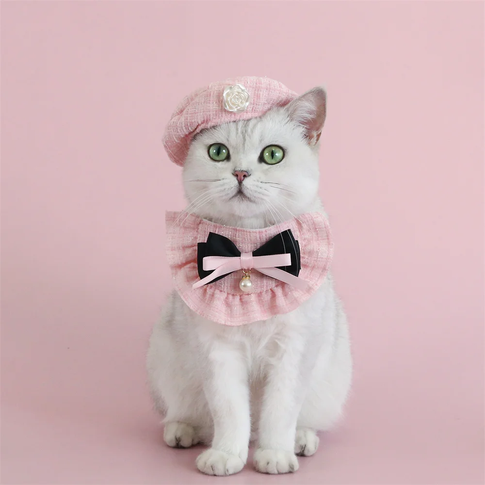 Conjunto de babero de felpa sostenible para mascotas, boina estilo princesa, lazo de perlas, flor para osito de peluche, cachorro o gato