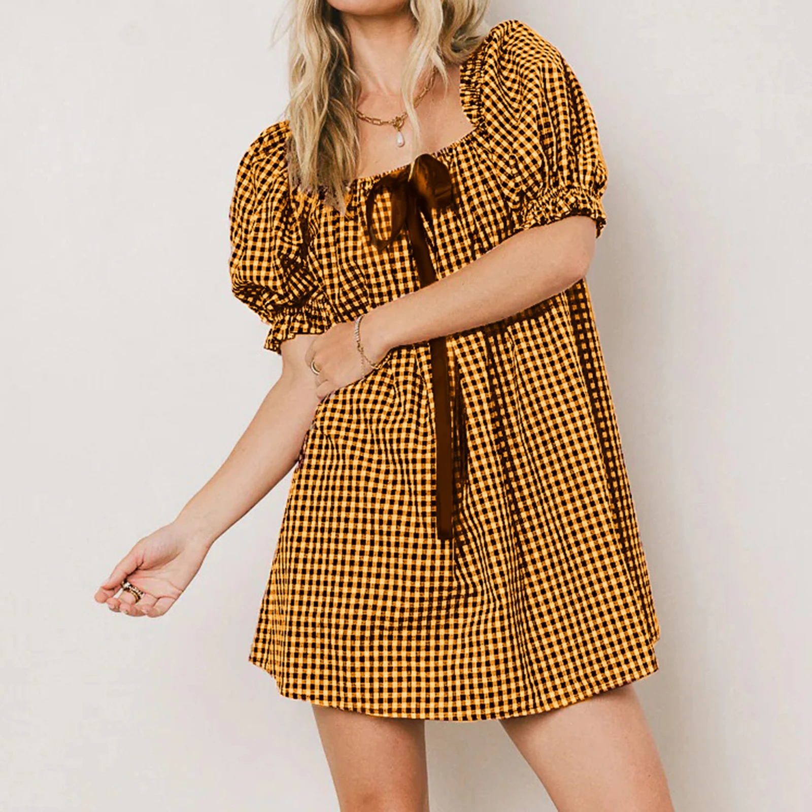 Vrouwen Y2K Plaid Cami Jurk Half Bladerdeeg Mouw Vierkante Hals Geruite Strikje Loose Fit Babydoll Uitgaan Mini Jurk