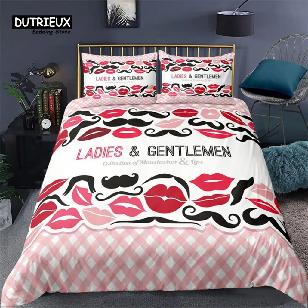 

Romance Duvet Cover Man Mustache Woman Lip Quilt Cover Microfiber 3D Print Bedding Set For Teens Couple Valentine Day Home Decor