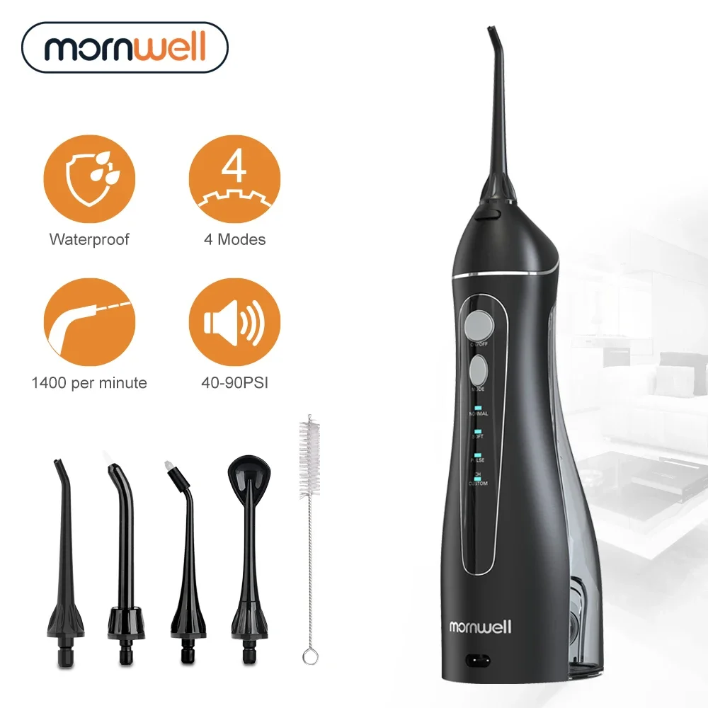 Mornwell-irrigador Oral portátil F18 con chorro de agua, irrigador recargable por USB con 4 boquillas, tanque de agua de 200ml, resistente al agua