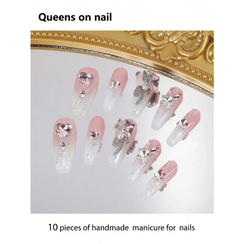 

10pcs Handmade press on Nails Long Ballerina Shape Fake Nails/Sfumato/Metallic Stripes/Love Stars With Diamonds/Pearls