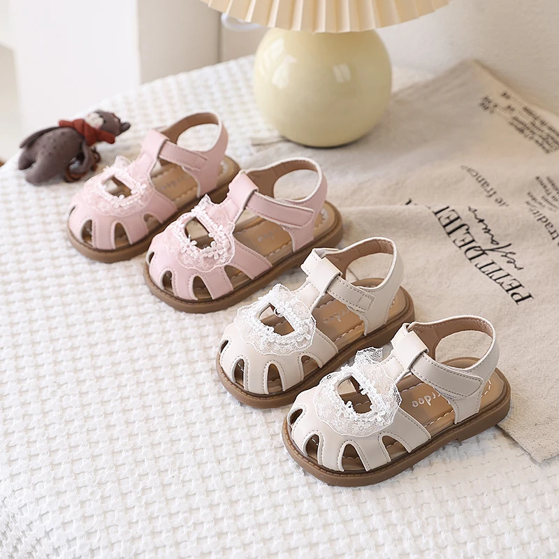 

Spring Girl's Princess Shoes Cover Toe Hollow Out Lace Sweet Kid's Flat Shoe Solid Colors Anti-slip Fashion Daily Children Shoes